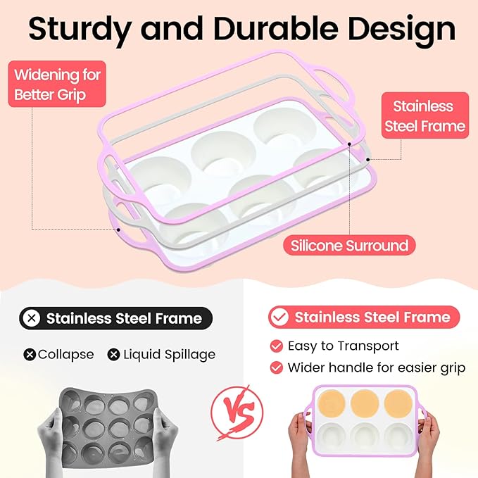 Silicone Jumbo Muffin Pan with Metal Frame, Non Stick Food Grade Silicone Large Muffin Pan, with Handles 6 Cup,BPA-Free and Dishwasher Safe, Jumbo Cupcake Pans - 2 Piece Pink