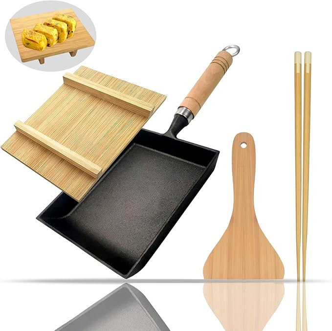 Tamagoyaki Japanese Omelette Pan Cast Iron with Wooden Lid, Square Japanese Egg Pan, Rectangle Tamago Pan with Spatula & Chopsticks 7” x 6” (Black)