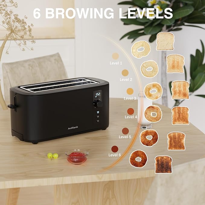 Toaster 4 Slice Long Extra Wide Slot 1.5" with Countdown Timer, 6 Browning Settings, Built-in Warming Rack, Bagel/Cancel/Defrost Functions, Removable Crumb Tray-Matteblack