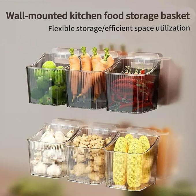 6Pack Wall Mount Organizer, Adhesive Cabinet Door Storage Bins, Clear Makeup Containers, Stackable Organizer Basket for Kitchen, Bathroom, Cabinet, Pantry, Office，Refrigerator Small Items storage