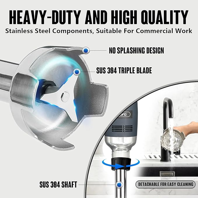 VONCI 500W Commercial Immersion Blender, 16" SUS 304 Removable Shaft, Heavy Duty Power Hand Mixer with Variable Speed 6000-20000RPM, Professional Electric Stick Blender for Restaurant Kitchen Use.