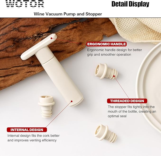 WOTOR Wine Saver Vacuum Pump with 4 Stoppers, Wine Stopper & Preserver, Reusable Bottle Sealer Keeps Fresh, Ideal Accessories Gift, Flat Handle (Cream)