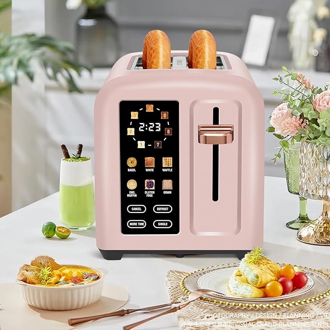 SEEDEEM Toaster 2 Slice, Touch Control Stainless Toaster LCD Display, 50% Faster Heating Speed, 1.4'' Wide Slots, More Timer Functions, Removable Crumb Tray, 1350W, Crystal Pink