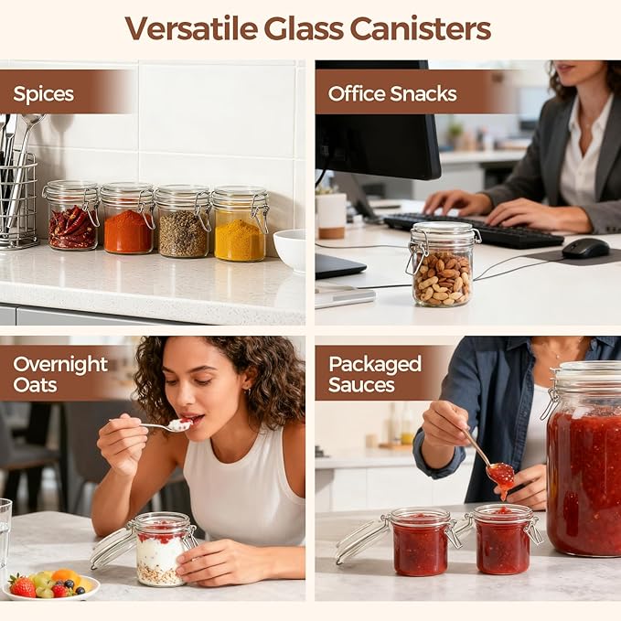 ComSaf 8oz Small Airtight Glass Jars Set of 12 with Lid Food Storage Jar Round, Mini Storage Container with Clear Preserving Seal Wire Clip Fastening for Kitchen Canning, Jam, Spice, Honey, Mason Jars
