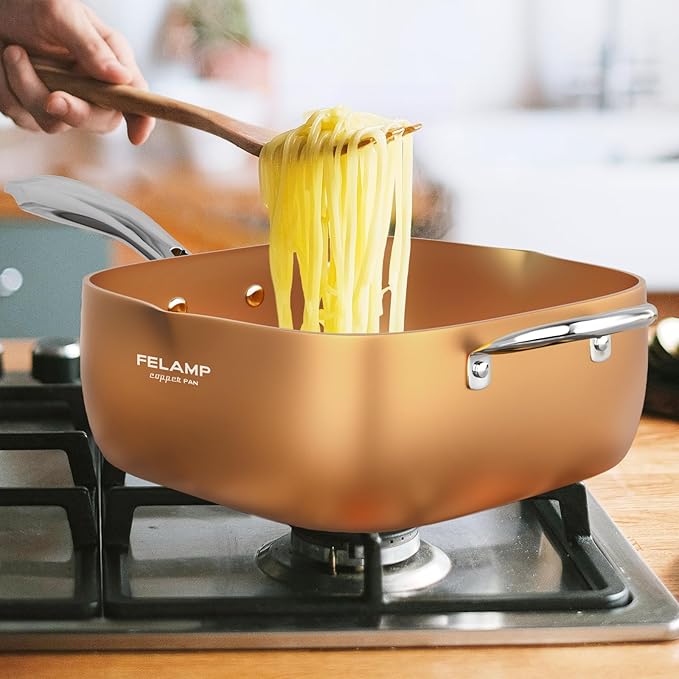 FELAMP 9.5-Inch Ceramic Nonstick Deep Square Frying Pan Set with Glass Lid, Stainless Steel Fry Basket & Steamer Rack, Induction Compatible, Oven &Dishwasher Safe, 4-Piece Copper Pan Chef Cookware Set