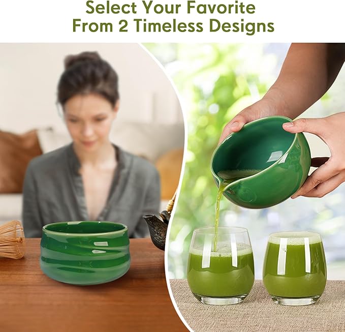 Matcha Whisk Set – Ceramic Matcha Set with Matcha Bowl, Matcha Whisk & Holder, Bamboo Scoop, Tea Towel – 5-Piece Japanese Matcha Kit for Matcha Lovers, Beginners & Gifting (Green, 17oz)