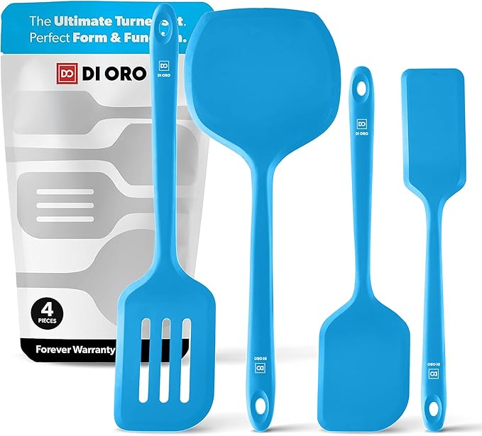 New DI ORO Silicone Turner Spatula Set - Kitchen Spatulas for Nonstick Cookware - Cooking Utensils for Flipping Eggs & Pancakes - 600°F Heat-Resistant BPA Free Turners - Dishwasher Safe (4pc, Blue)