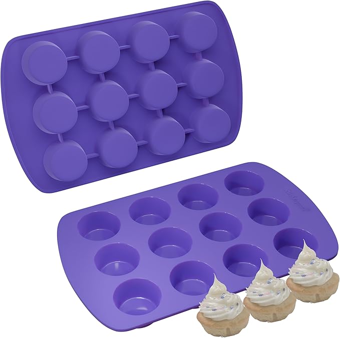 Bakerpan Silicone Mini Muffin Pan Nonstick, Mini Cupcake Pan, Muffin Silicone Molds, 12 Cavities - Set of 2