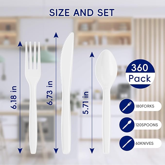 JOLLY CHEF 360 Count White Plastic Silverware Heavy Duty, 180 Forks, 120 Spoons, 60 Knives, Heat ResistantPlastic Utensils Set, Disposable Cutlery set, Premium Clear Utencils for Party, Thanksgiving