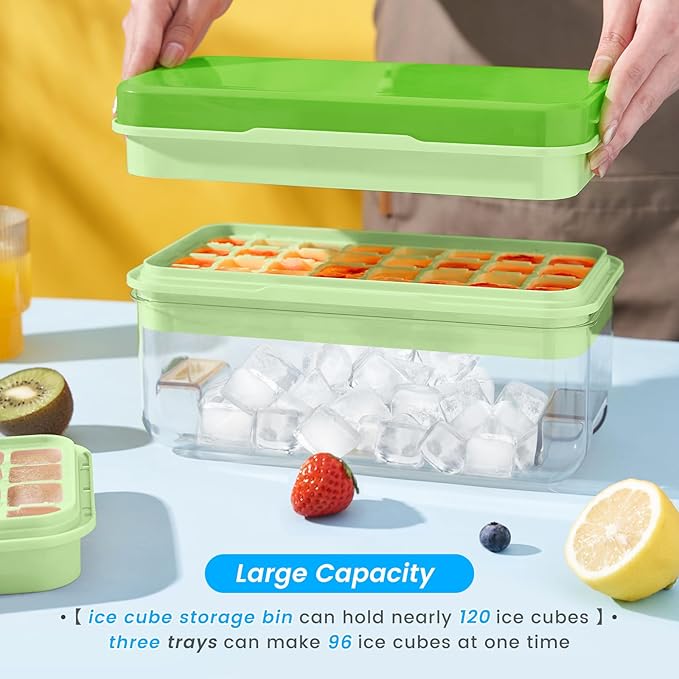 PHINOX Ice Cube Tray with Lid and Bin, 3 Pack Plastic Ice Cube Tray Molds, 96(4 * 8 * 3) pcs Ice Trays for freezer, Chilling Drinks, Whiskey & Cocktails, with Ice Container and Ice Scoop, BPA-Free