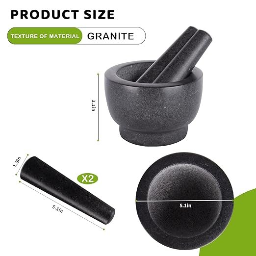 Mortar and Pestle Set,Heavy Duty,Unpolished Granite,5Inch-1.5Cup Capacity,Grinder for Spices and Seeds,Grinding,Crushing and Mashing Spices,Nuts,for Guacamole,Garlic Sauce,Black.