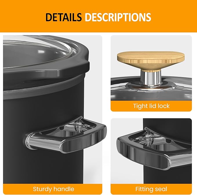 Sunvivi 2 Quart Slow Cooker, Small Slow Cooker with Removable Ceramic Pot, Slow Cookers Food Warmer with 3 Heating Settings & Dishwasher Safe Glass Lid, Grey