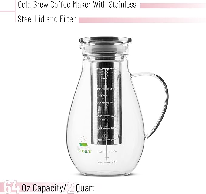 BTaT- Cold Brew Coffee Maker, Iced Coffee Maker, 2 Liter (2 Quart, 64 oz), Iced Tea Maker, Cold Brew Maker, Tea Pitcher, Coffee Accessories, Iced Tea Pitcher, Cold Brew System, Cold Brew Pitcher