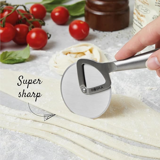 Boska Stainless Steel Pizza Cutter - Copenhagen Multifunctional Pizza Wheel Cutter - Handheld Food Slicer - Silver Non-Stick Adjustable Roller - Dishwasher Safe - For Kitchen Cooking