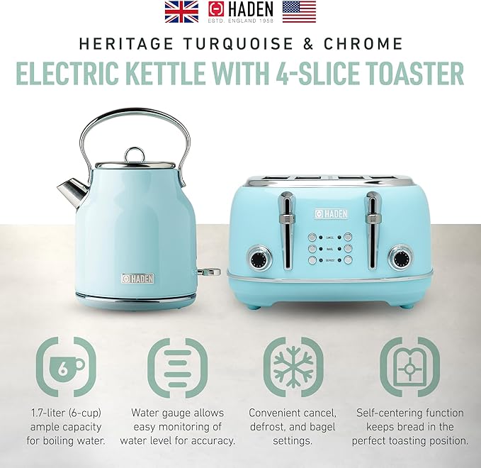 Haden Heritage 4 Slice Wide Slot Stainless Steel Toaster Bundled with 1.7 Liter Stainless Steel Electric Water Kettle, Turquoise & Chrome