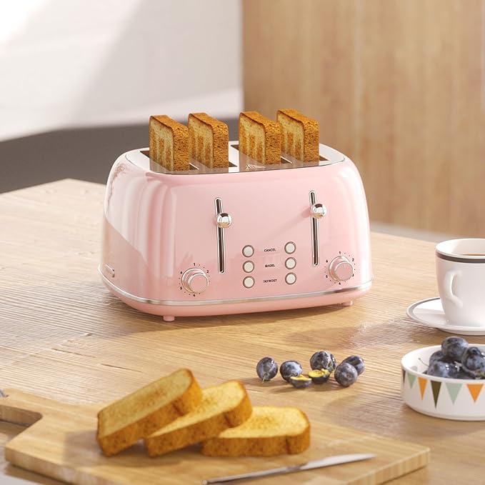 Toaster 4 Slice, Retro Stainless with 6 Bread Shade Settings,1.5''Wide Slots Toaster with Cancel/Defrost/Reheat Functions,Dual Independent Control Panel, Removal Crumb Tray (Pink)