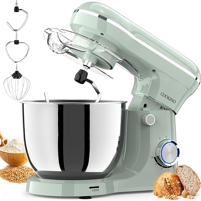 Electric Stand Mixer,10 Speeds Tilt-Head Food Mixer, 3-IN-1 Kitchen Mixer for Daily Cooks with 6QT Bowl,Dough Hook, Beater, Whisk (Morandi Green, Dishwasher safe)