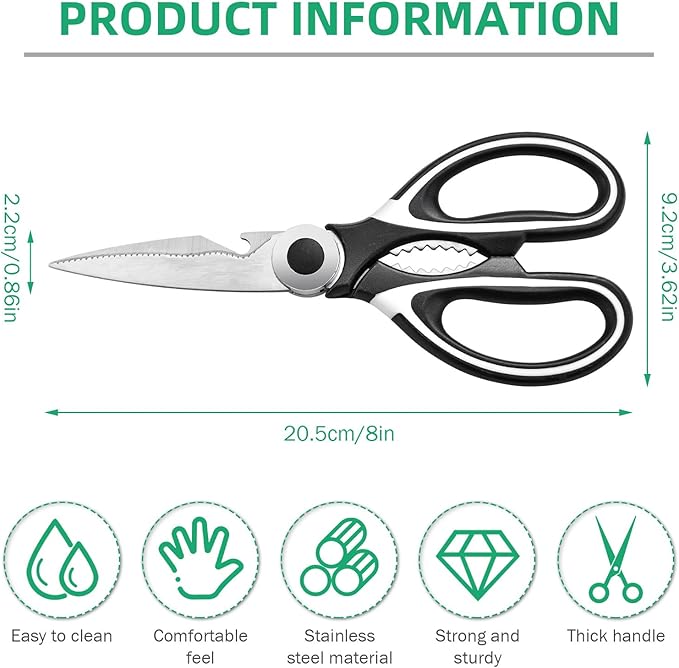Multipurpose kitchen scissors, heavy duty meat poultry scissors, spice scissors, food cooking scissors, stainless steel utility scissors (1, white)