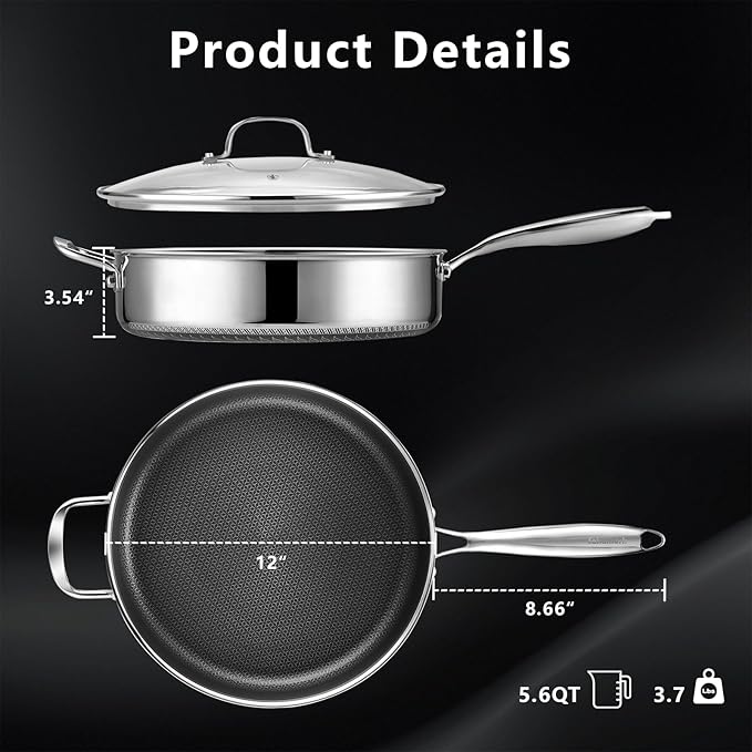 12 Inch Frying Pan Nonstick with Lid, 5.6QT Hybrid Ceramic Deep Saute Pan & Skillet, Tri-Ply Stainless Steel for Even Heat, PFOA/PFOS Free, Induction & Oven Safe