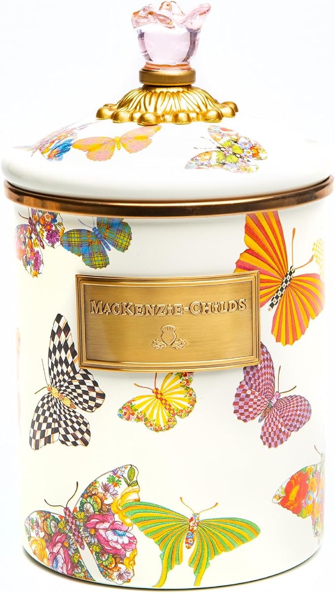 MACKENZIE-CHILDS Butterfly Garden Enamel Canister, Pretty Kitchen Storage Container with Lid, Medium