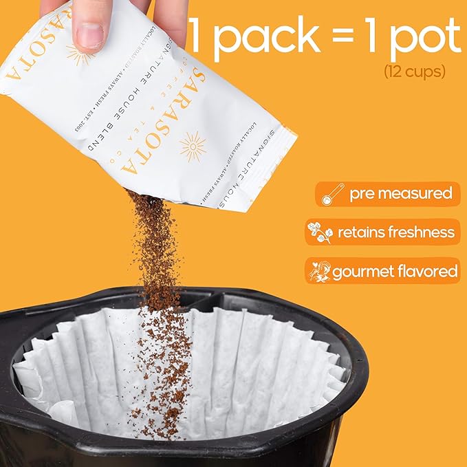 Sarasota Coffee Ground Packets | Gourmet Medium Roast Ground Coffee Packs | Breakfast Blend | Low Acid Mold Free Singles Packets | Individual Pouches for 12 Cup Coffee Maker | 2 Ounce Bags, 12 Count