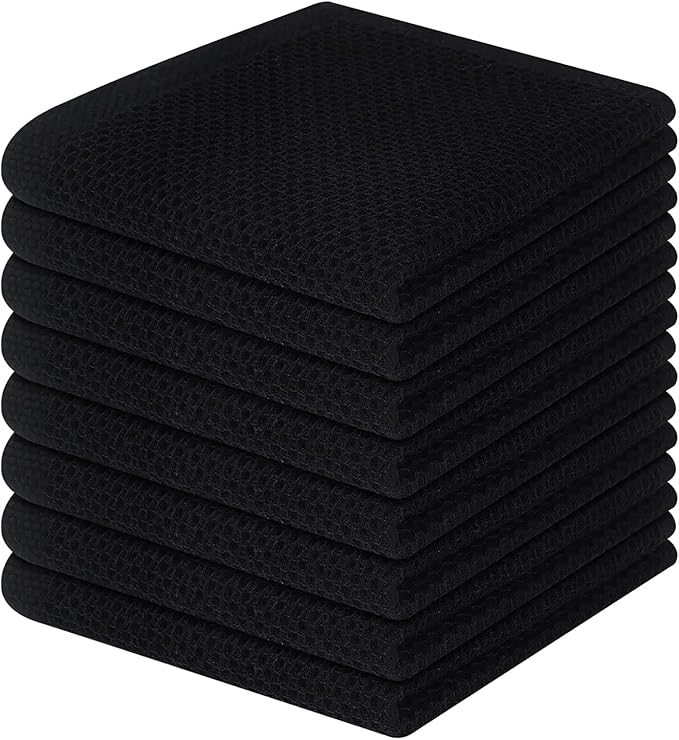 Homaxy 100% Cotton Waffle Weave Kitchen Dish Cloths, Ultra Soft Absorbent Quick Drying Dish Towels, 12 x 12 Inches, 8-Pack, Black