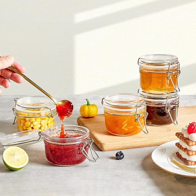 ComSaf 4oz Small Airtight Glass Jars Set of 6 with Lids Food Storage Jar Round, Mason Jar, Mini Storage Container with Clear Preserving Seal Wire Clip Fastening for Kitchen Canning, Jam, Spice, Honey