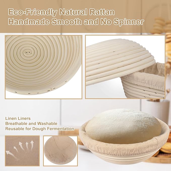 TNELTUEB Bread Proofing Basket Set, Incl 10'' Round & 9.6'' Oval Rattan Banneton, Dough Whisk, Scraper, Lame, Linen - Natural