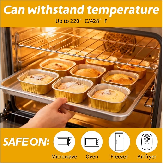 200 Pack 10 oz Gold Mini Aluminum Cake Pans with Lids and Spoons, Disposable Square Baking Cups, Oven Safe Foil Ramekins for Individual Desserts, Cupcakes, Cheesecakes Ramekins Muffin