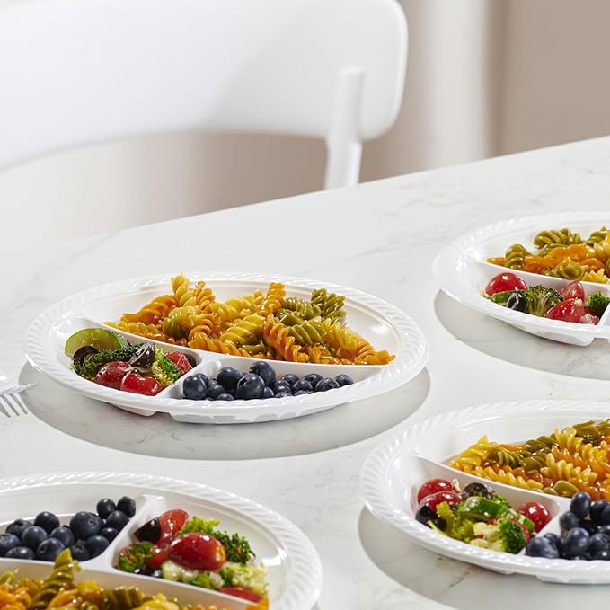 PLASTICPRO 9 inch Round Plastic Plates 3 Compartment - 3 Section Plates Microwaveable, Disposable, White, Dinnerware 100 Count