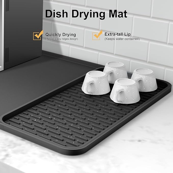 Silicone Coffee Mat, 24''x16'' Bar Mat with Detachable Dish Drying Mat - Fits Under Coffee Maker & Dish Rack