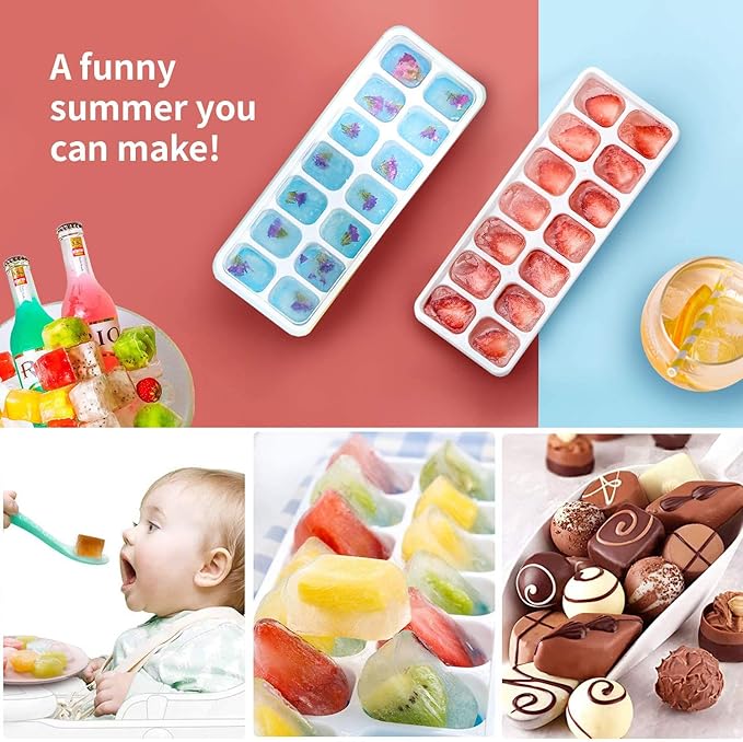 Ice Cube Trays 4 Pack, Airabc Silicone with Removable Lid, Easy-Release Flexible 14-cube Trays, LFGB Certified and BPA Free, Stackable Covers for Cocktail, Freezer