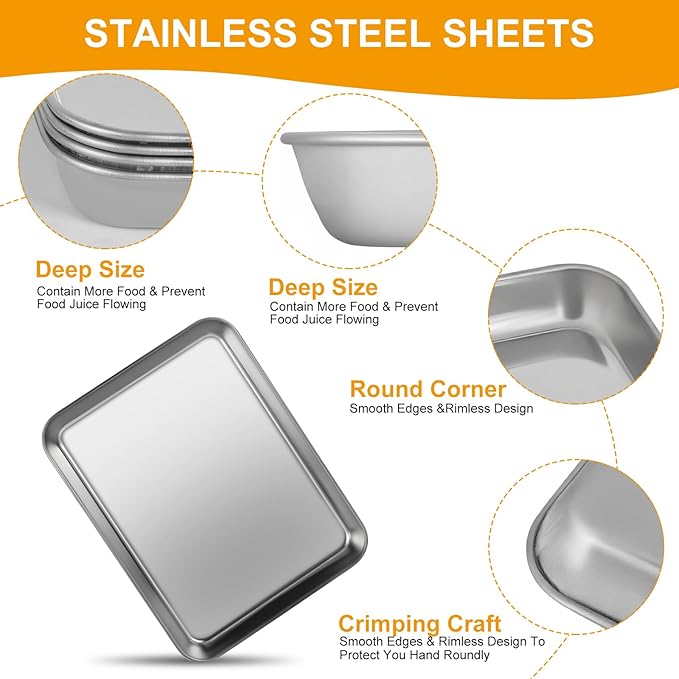 12PCS Stainless Steel 1/8 Sheet Pan, Nonstick Small Cookie Sheet, Small Baking Pans, Toaster Oven Pans, Metal Tray, Stainless Steel Cookie Sheets For Baking, Oven And Dishwasher Safe