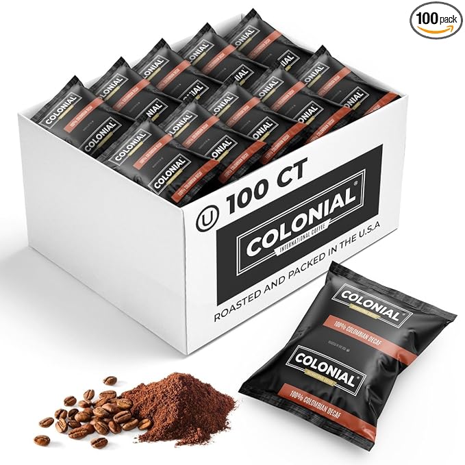 Colonial Coffee 100 Count Single Pot Coffee Packets – 100% Arabica Decaf Colombian Medium Roast | Pre-Measured Frac Packs for 12 Cup Maker | Bulk Ground Gourmet Coffee for Home & Office