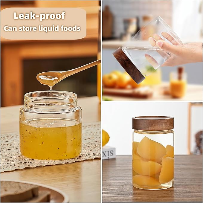 17 Fl oz/500 ml Glass Food Storage Jar, Premium Clear Glass Container Jar with Airtight Wooden Screw Lid, Kitchen Canisters for Coffee,Tea,Pasta,Cookies, Nuts,Spice,Candy,Overnight Oatmeal（Small)