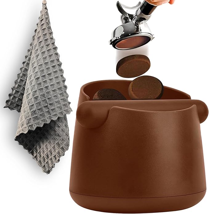 Espresso Knock Box with Barista Towels, Removable Shock-absorbent Knock Bar & Non-Slip Base - Co ffee Knock Box for Coffee Grounds, Espresso Machine Accessories, Brown