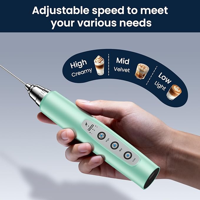 Milk Frother Rechargeable Handheld-Electric Whisk 3 Speed Adjustable, Coffee Frother Wand with 3 Stainless Whisks, Electric Foam Maker, Drink Mixer Blender for Latte Cappuccino Matcha Egg