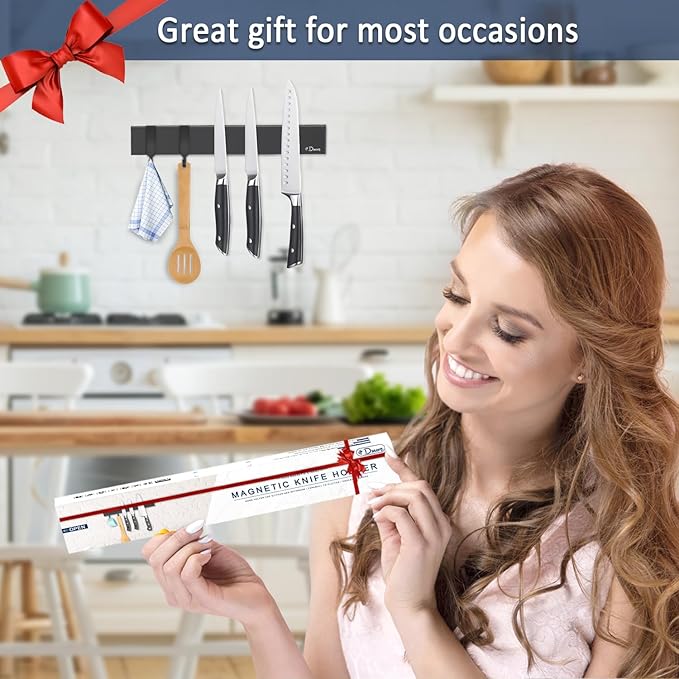 Dmore magnetic knife holder for wall—with 2 hooks, No Drilling 10 Inch black knife magnetic strip, Powerful knife magnet rack, include Adhesive Tape and screws for Knives, Utensils, and Tools