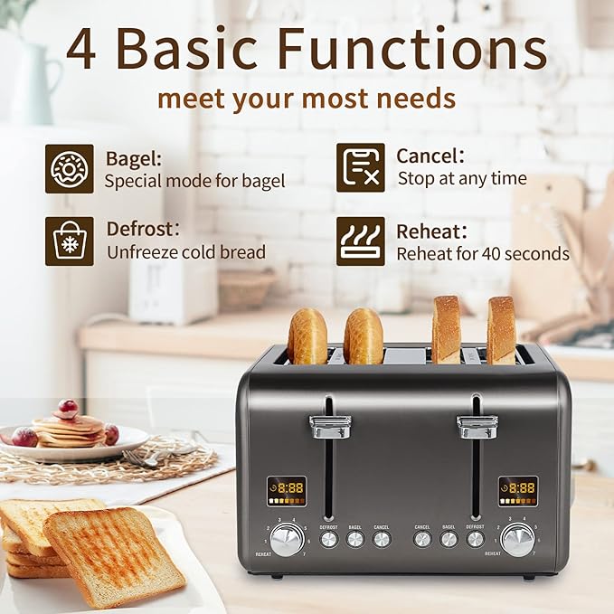 SEEDEEM 4 Slice Stainless Toaster with LCD Display, 7 Shade Settings, Wide Slots, Bagel/Defrost/Reheat Functions, Removable Crumb Tray, 1800W