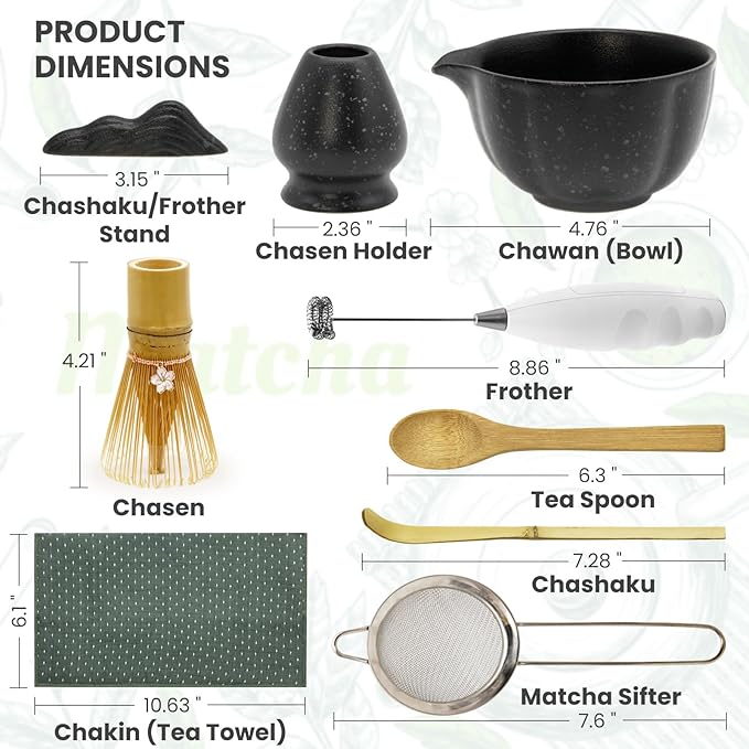 Matcha Whisk Set Incl. Ceramic Bowl With Spout, Whisk (Chasen), Stand, Bamboo Scoop, Sifter, Electric Frother, Tea Towel etc. 9 Pcs Matcha Making Starter Kit, Mottled Black