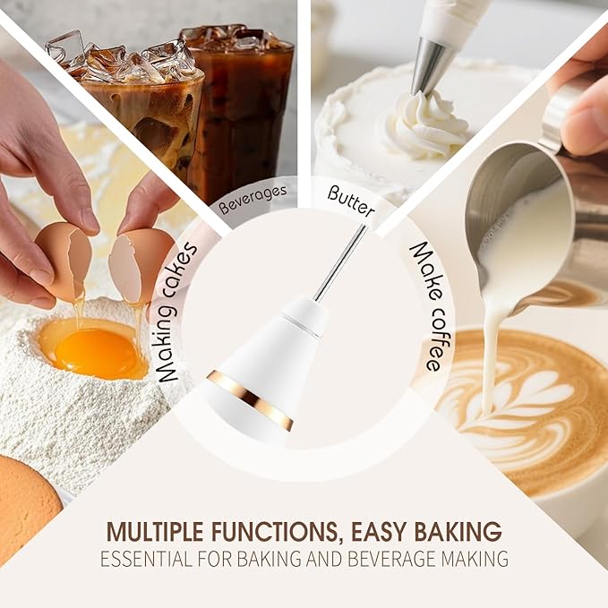 DSP Milk Frother Handheld Rechargeable, Frother for Coffee, Drink Mixer with 3 Speeds 10200RPM, Kitchen Powerful Frother Wand, Suitable for Stirring Eggs, Milk, Juice, Milk Powder (Snow White)