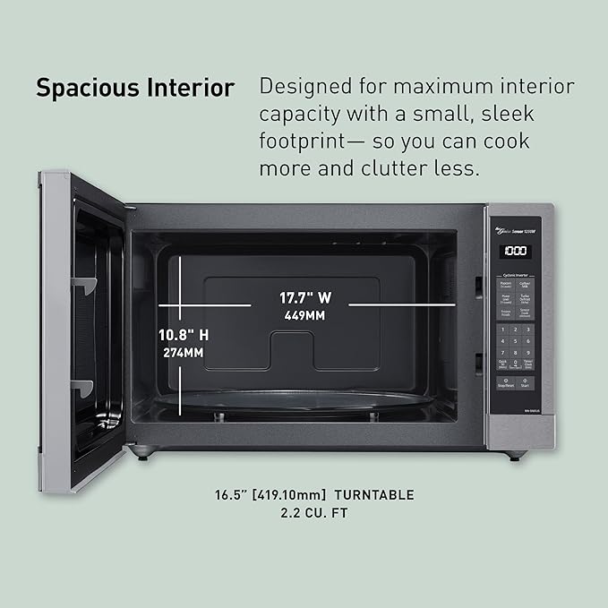Panasonic Oven with Cyclonic Wave Inverter Technology, 1250W, 2.2 cu.ft. Countertop Microwave with Genius Sensor One-Touch Cooking – NN-SD975S (Stainless Steel/Silver), Stainless