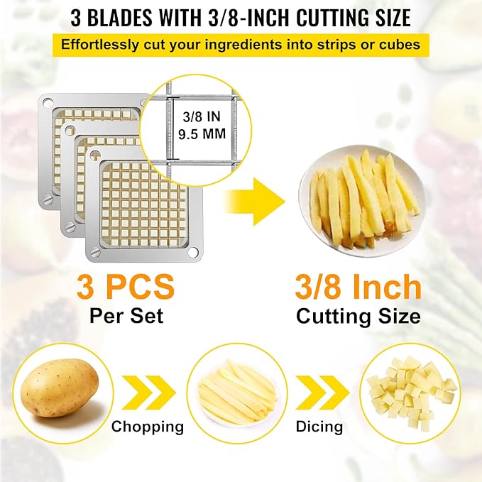 VEVOR Replacement Chopper Blade, 3/8 inch, 3 PCS French Fry Blade Assembly with 6 Extra Knives, Stainless Steel Dicer Parts and Push Block for Cutting Potatoes Carrots Onions Cucumbers Mushrooms