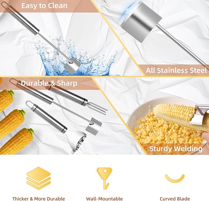 Upgraded Corn Peeler 3PCS Stainless Steel Corn Peeler for Corn on The Cob with Corn Stripper Tool and Corn Holder Set, Corn Cob Stripper Tool for Quick & Easy Peeling, Corn Scraper for Kitchen