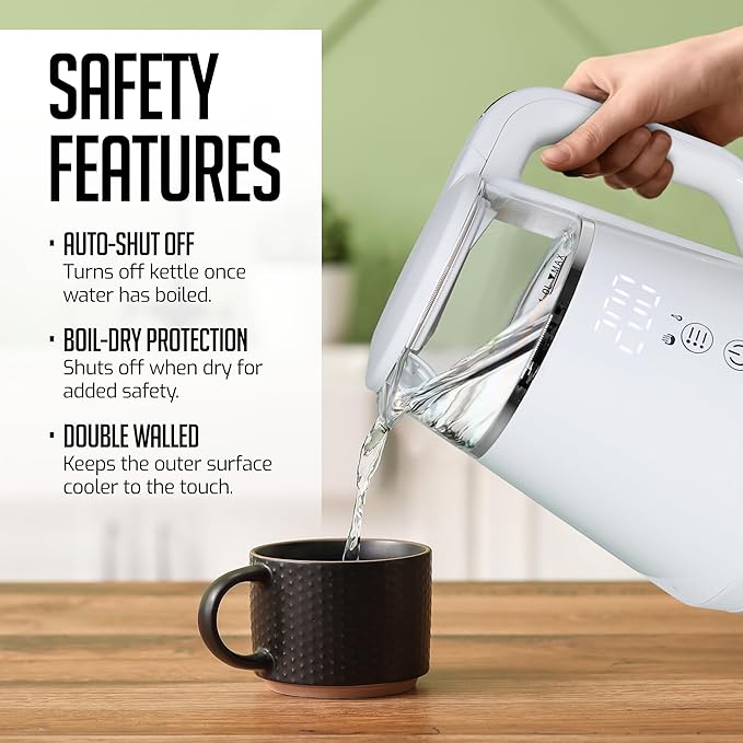 OVENTE 1L Small Electric Kettle with 5 Temperature Preset, Digital Display, 5Hr Keep Warm, Auto Shut-Off, Double-Wall Cool Touch Exterior, Borosilicate Glass,1500W BPA Free Water Boiler, White KD95W