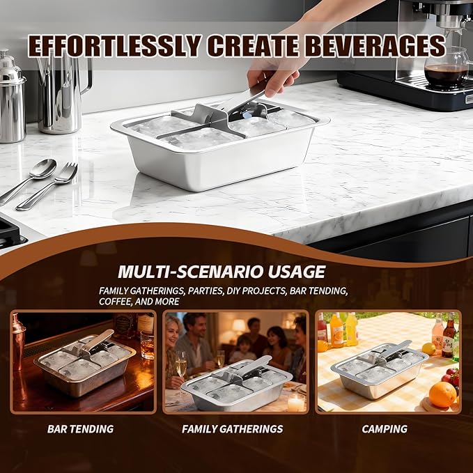 Stainless Steel Ice Cube Trays with Lever - 6 Large Cube Mold for Whiskey & Cocktails, Professional Heavy Duty Metal Freezer Tray, Non-Toxic & Easy Release for Kitchen & Bar Use