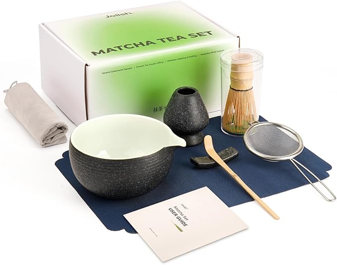 7 Pcs Matcha Kit Set, Matcha Whisk and Bowl with Spout, Powder Sifter, Whisk Holder, Bamboo Scoop and Scoop Rest, Perfect Prepare Tools for Making Matcha Tea (Charcoal Grey)