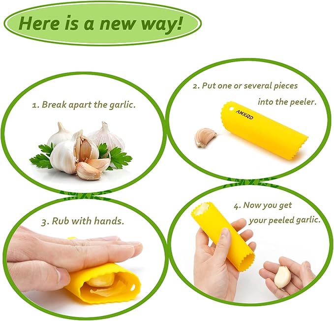 Garlic Press Rocker & Silicone Peeler, Stainless Steel Garlic Mincer, Herb Stripper & Leaf Zipper