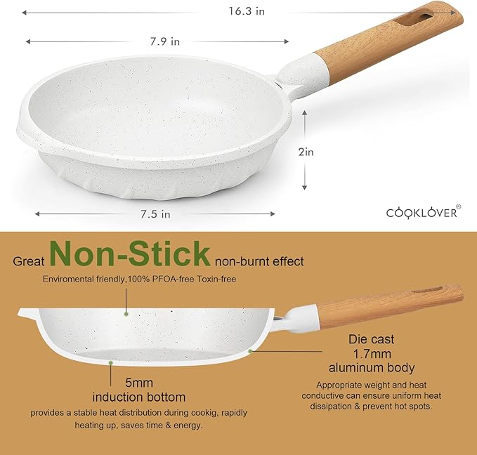 COOKLOVER Nonstick Frying Pan 100% PFOA Free Cookware Induction Skillet Stir Fry Pan (White, 7.9 inch)