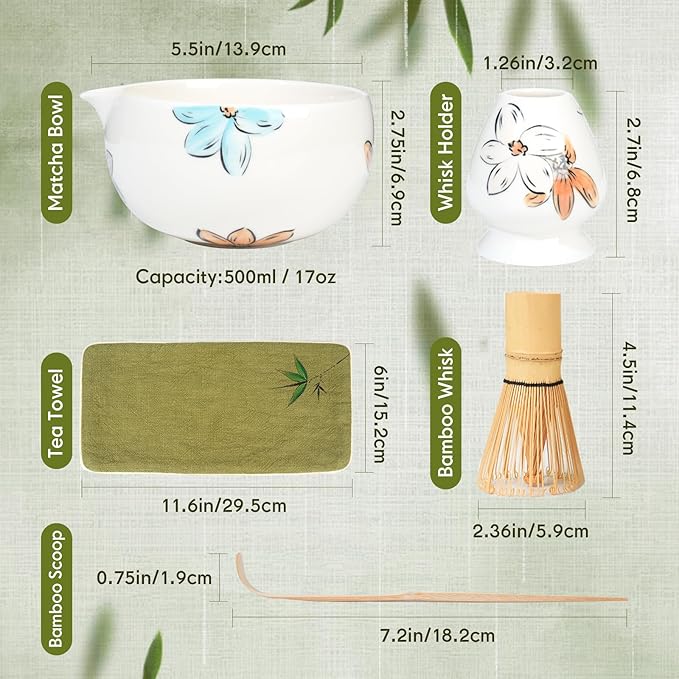 Matcha Whisk Set – Ceramic Matcha Set with Matcha Bowl, Matcha Whisk & Holder, Bamboo Scoop, Tea Towel – 5-Piece Japanese Matcha Kit for Matcha Lovers, Beginners & Gifting (Multicolor, 17oz)
